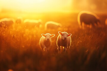 Aufkleber - Two lambs in golden sunset light, with flock grazing in background.