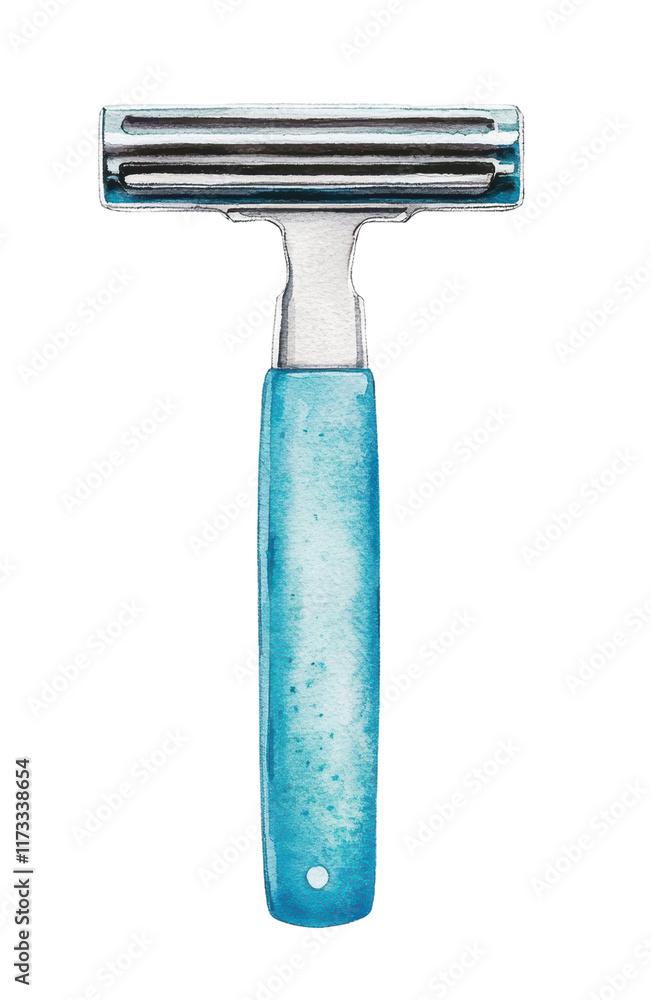 Watercolor Razor Watercolor illustration of a blue razor with a sleek metal handle ...