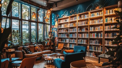 Aufkleber - Cozy library interior with bookshelves, comfortable seating, and large windows.