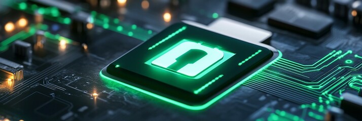 Poster - Futuristic green glowing chip with a letter 'N' symbol on a circuit board.