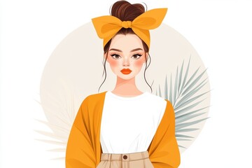 Aufkleber - A flat design of a girl in khaki pants and a simple T-shirt, styled with clean, geometric lines