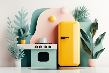 Aufkleber - A flat design of a small kitchen with a simple stove, sink, and refrigerator, rendered in cheerful pastel colors
