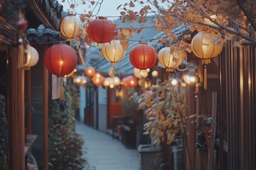 Aufkleber - Illuminated alleyway with traditional lanterns, autumn leaves, and Asian architecture.