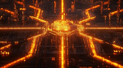 Aufkleber - Glowing orange hexagonal circuit board core with pathways.
