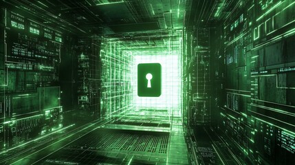 Fototapete - Abstract green digital tunnel with a keyhole, symbolizing cybersecurity and data protection.