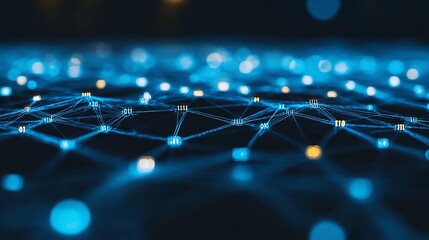 Aufkleber - Abstract network connection. Glowing blue nodes and lines, dark background, bokeh effect.
