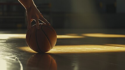 Wall Mural - Close-up of a hand reaching for a basketball on a shiny court floor, illuminated by sunlight.