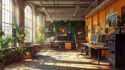 Poster - Sunlit industrial-style office space with plants, computers, and wooden floors.