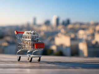 Poster - Miniature house model in shopping cart against city backdrop.