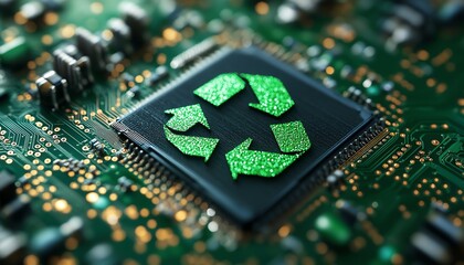 Aufkleber - Sustainable technology innovations with green recycle icon on circuit board, representing green computing, Green IT, environmental responsibility, and IT ethics
