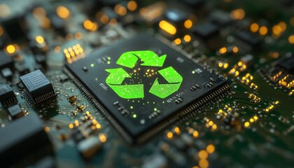 Aufkleber - Sustainable technology innovations with green recycle icon on circuit board, representing green computing, Green IT, environmental responsibility, and IT ethics
