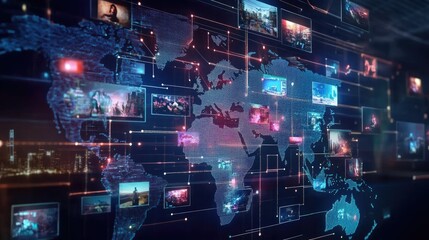 Poster - A digital map showing worldwide internet streaming connections, with icons of video content streaming across the world in real-time