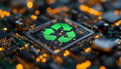 Aufkleber - Sustainable technology innovations with green recycle icon on circuit board, representing green computing, Green IT, environmental responsibility, and IT ethics