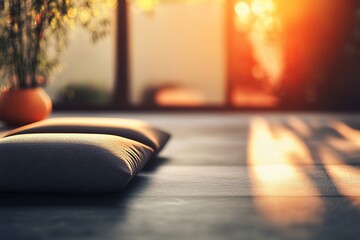 Poster - Two gray cushions on floor, sunlight through window, peaceful zen scene.