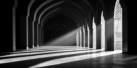 Wall Mural - A long, narrow room with a lot of arches and windows. The sun is shining through the windows, creating a bright spot on the floor