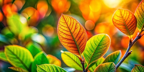 Wall Mural - Macro Photography: Vibrant Green and Orange Tree Leaves with Bokeh Background