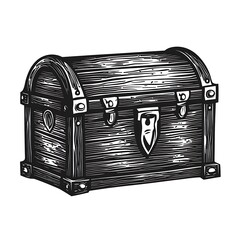 Wall Mural - Wood treasure chest with metal clasp, engraved style.