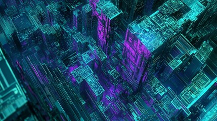 Aufkleber - Abstract futuristic city skyline with glowing teal and purple buildings.