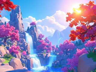 Wall Mural - a tranquil valley surrounded by floating waterfalls of liquid light. at the heart of the valley stan