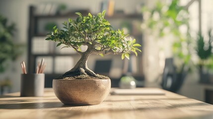 Poster - Small bonsai tree in wooden pot sits on wooden desk in sunlit office.