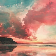 Wall Mural - A beautiful pink and blue sky with clouds. The sky is filled with clouds and the sun is setting