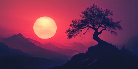 Wall Mural - A stunning sunset creates a vibrant backdrop for a solitary tree silhouette atop a mountain. This serene scene captures the essence of tranquility and nature's beauty.