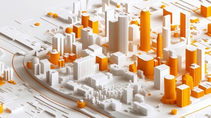 Poster - Abstract minimalist city model with white and orange buildings.