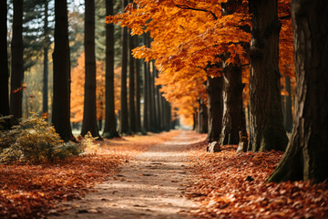 A lively autumn forest is portrayed with trees decorated in vibrant foliage, forming a harmonious blend of warm colors contrasting with cool forest setting