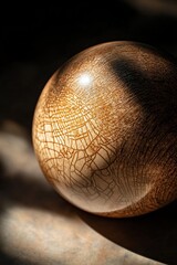 Poster - Close-up of a polished, light brown wooden sphere with visible wood grain and cracks, illuminated by a dramatic light source.