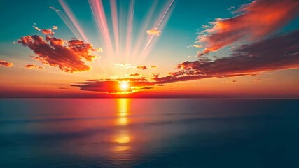 Wall Mural - Breathtaking sunset over ocean, with colorful rays of light reflecting on water, illuminating sky and clouds at horizon, creating serene atmosphere.