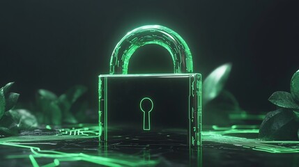 Poster - Glowing green padlock on dark background with leaves, representing digital security and data protection.