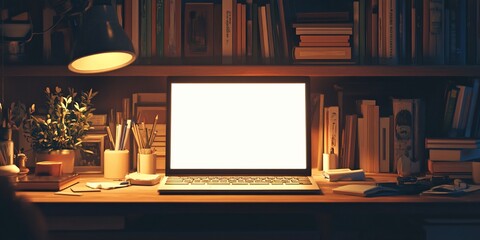 Aufkleber - Laptop with blank screen on a wooden desk at night, surrounded by books and a lamp.