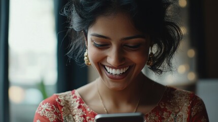 Wall Mural - Happy Woman Using Phone