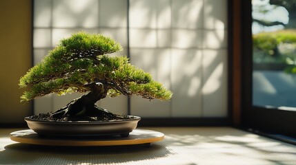 Poster - Sunlit bonsai tree in a traditional Japanese room.