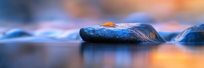 Aufkleber - Serene autumnal scene a leaf rests on a smooth, blue-hued river rock, mirrored in calm water.
