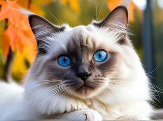 Beautiful white cat with striking blue eyes relaxing among autumn leaves in a tranquil outdoor setting