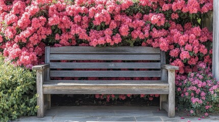 Sticker - Wooden bench nestled amongst vibrant pink rhododendron blossoms.