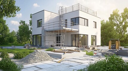 Poster - Modern house under construction, showcasing unfinished exterior with scaffolding, building materials, and landscaping elements.