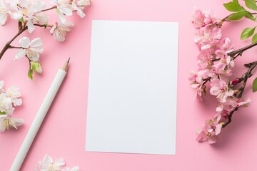 Aufkleber - Blank white paper with pink flowers and pencil on pink background.