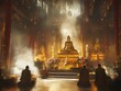 © lareyna - a buddha statue in a temple with monks, with warm lighting creating a spiritual and peaceful indoor scene.