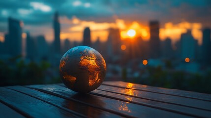 Poster - Global cityscape sunset; small Earth globe rests on wooden table.