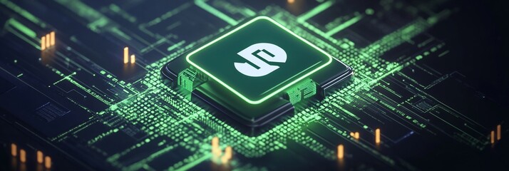 Poster - Green glowing microchip on circuit board.