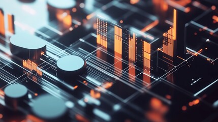 Aufkleber - Abstract 3D rendering of a futuristic cityscape with glowing orange and blue lines and cylinders.
