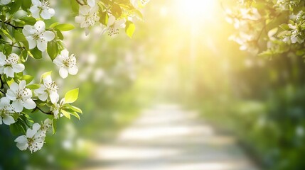 Aufkleber - Sunlit path through blossoming trees in spring.
