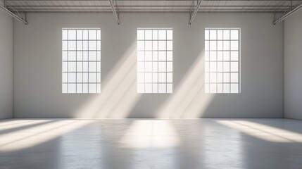 Poster - Sunlit empty warehouse interior with three large windows and polished concrete floor.