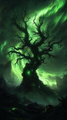 Wall Mural - a massive tree of light whose glowing roots spread across a canyon. the radiant canopy extends into 