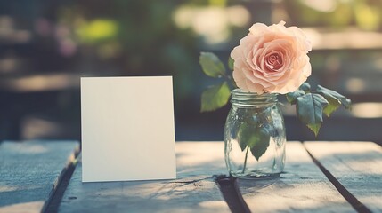 Aufkleber - Blank card mockup with peach rose in glass jar on wooden table.