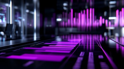 Aufkleber - Futuristic purple data visualization on a sleek, reflective surface in a modern, dark setting.
