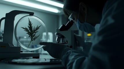 Poster - Scientist examining a plant sample under a microscope in a laboratory.