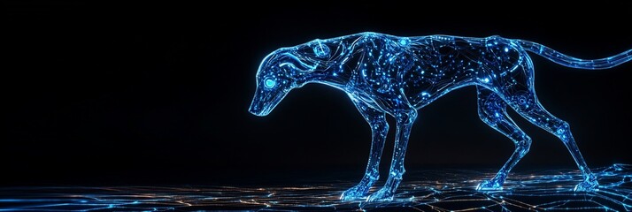 Aufkleber - Glowing digital dog silhouette on dark background.